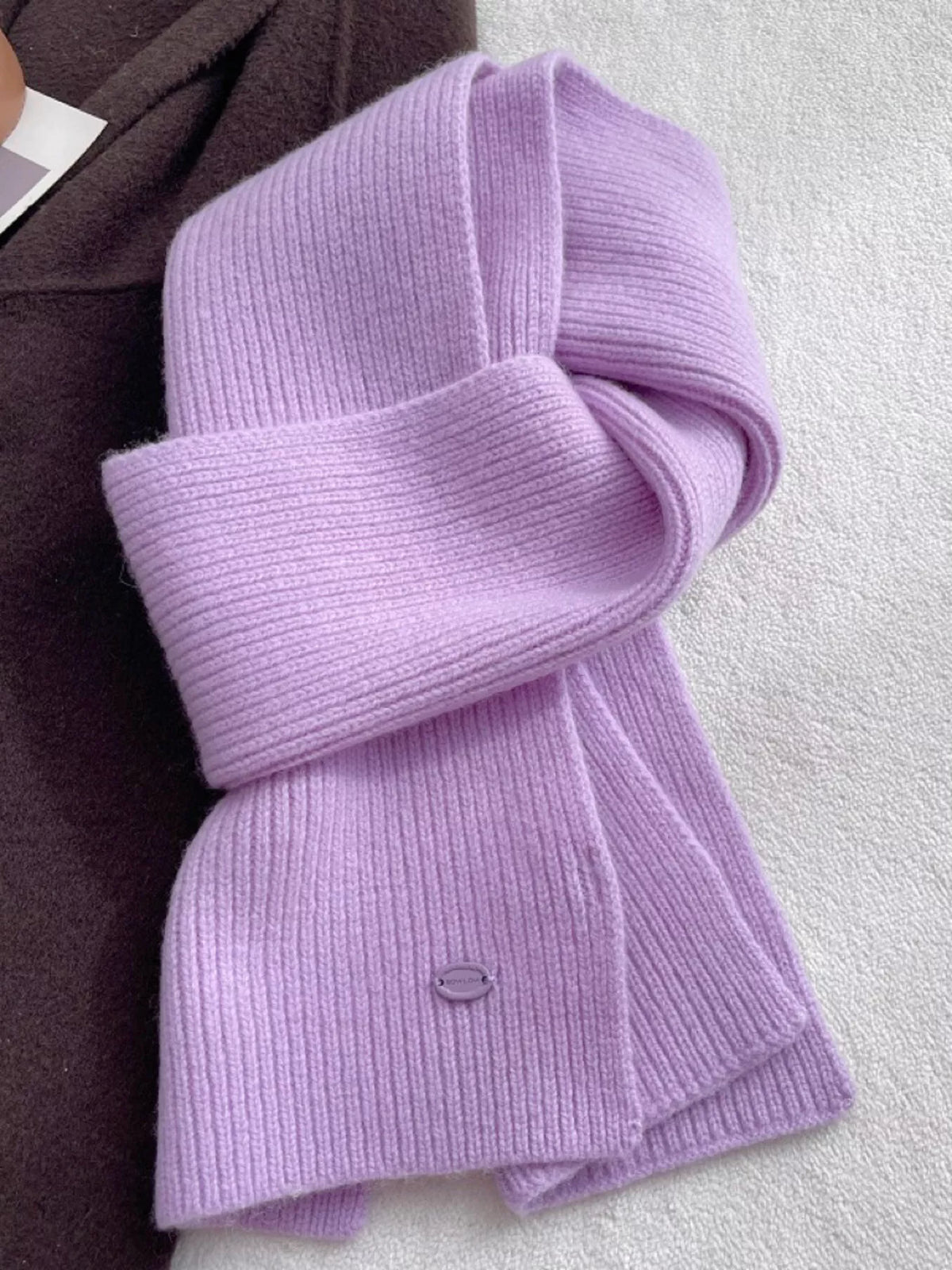 Unisex Pure Wool Soft Knit Scarf — lavender purple scarf showing fine knit ribs