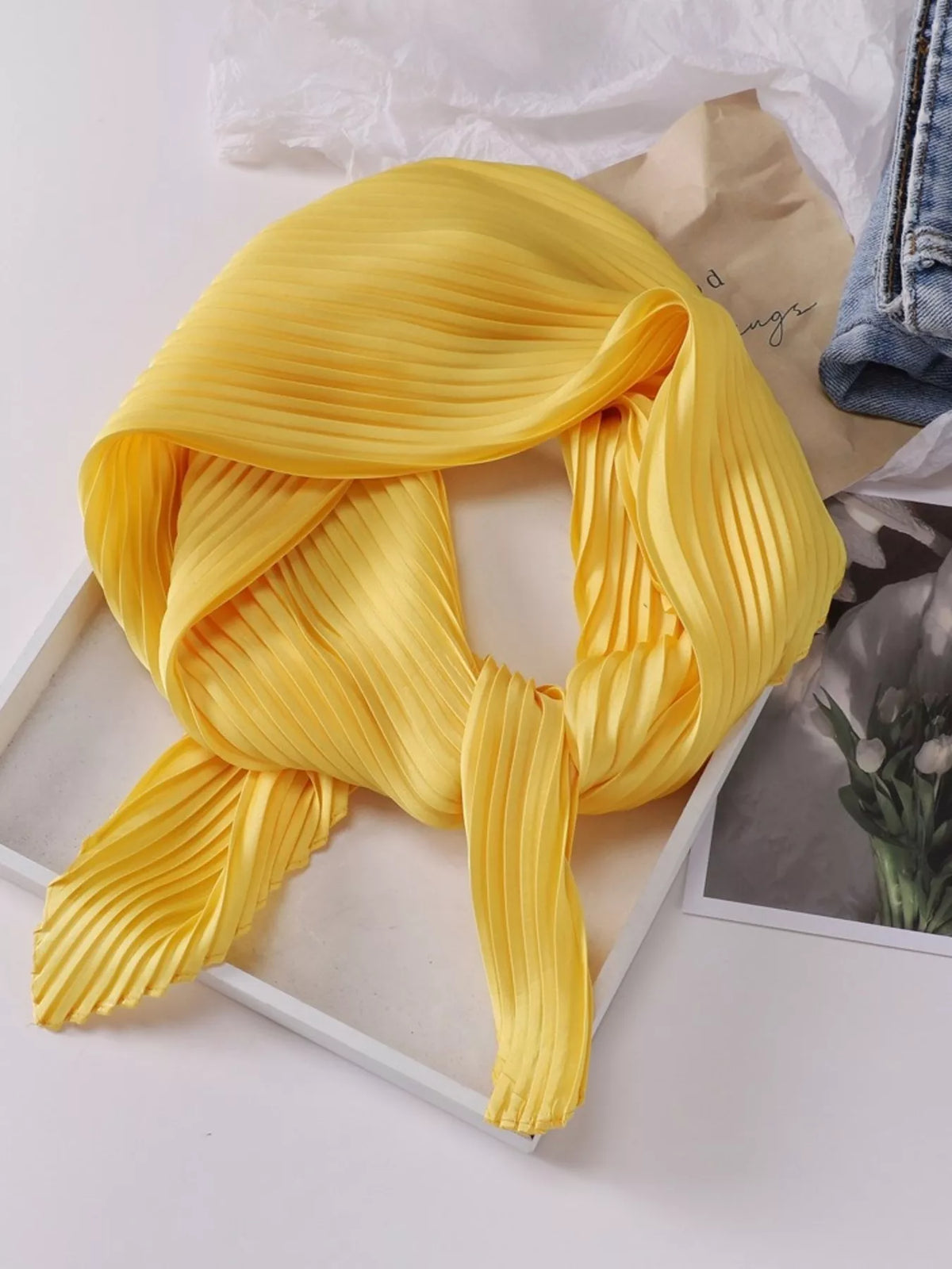 Unisex Pleated Satin Neck Scarf — yellow pleated satin scarf loosely tied