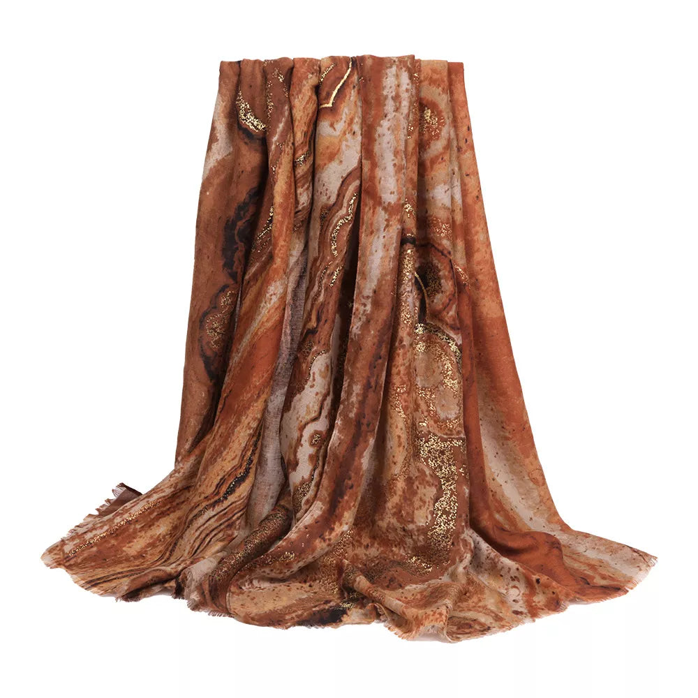 Unisex Marble Print Foil Scarf — orange marble print scarf shown hanging long