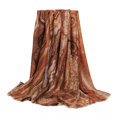 Unisex Marble Print Foil Scarf — orange marble print scarf shown hanging long