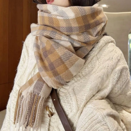 Unisex Warm Plaid Fringe Scarf in Style A - front view 1