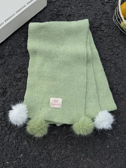 Unisex Pastel Pom-Pom Scarf — green scarf with matching and pale pom-poms
