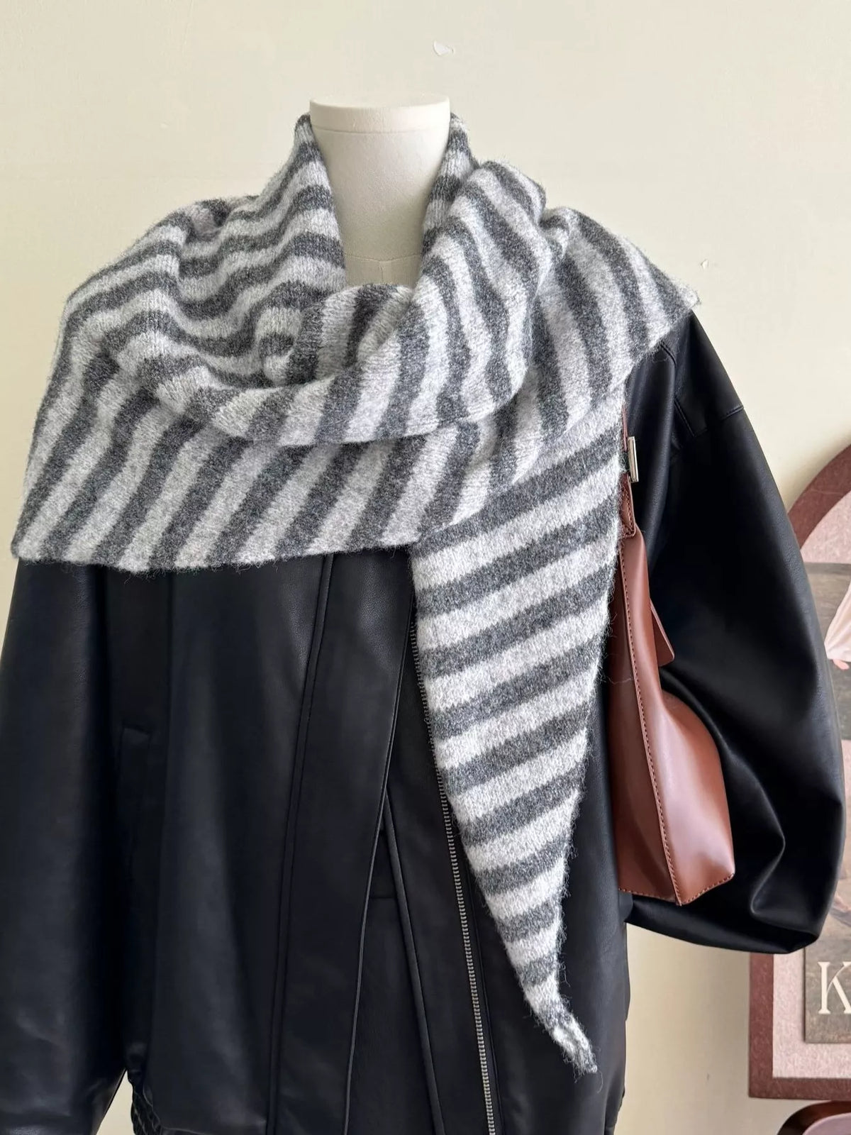 Unisex Striped Knitted Winter Scarf — 70.9-Inch — gray and white striped scarf draped across shoulders