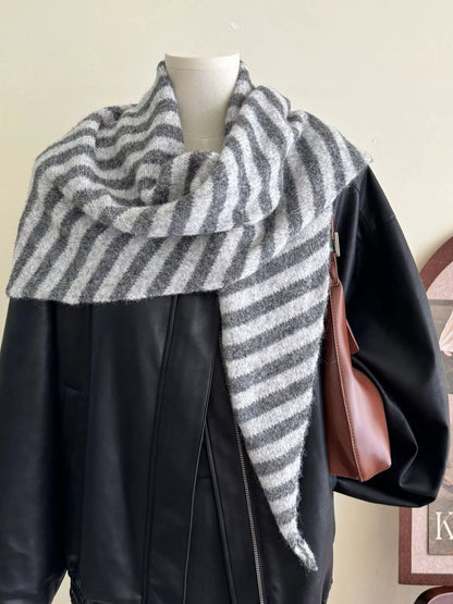 Unisex Striped Knitted Winter Scarf — 70.9-Inch — gray and white striped scarf draped across shoulders