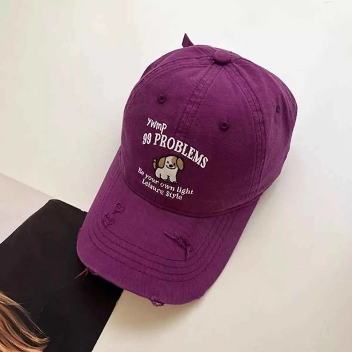 Army green dog embroidery distressed cotton cap