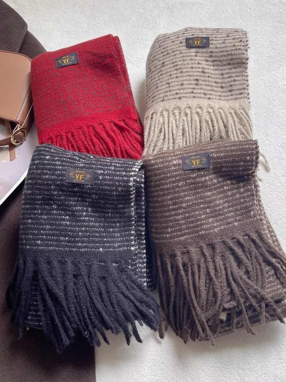 Unisex Warm Striped Tassel Scarf — group of finely striped scarves with fringed ends