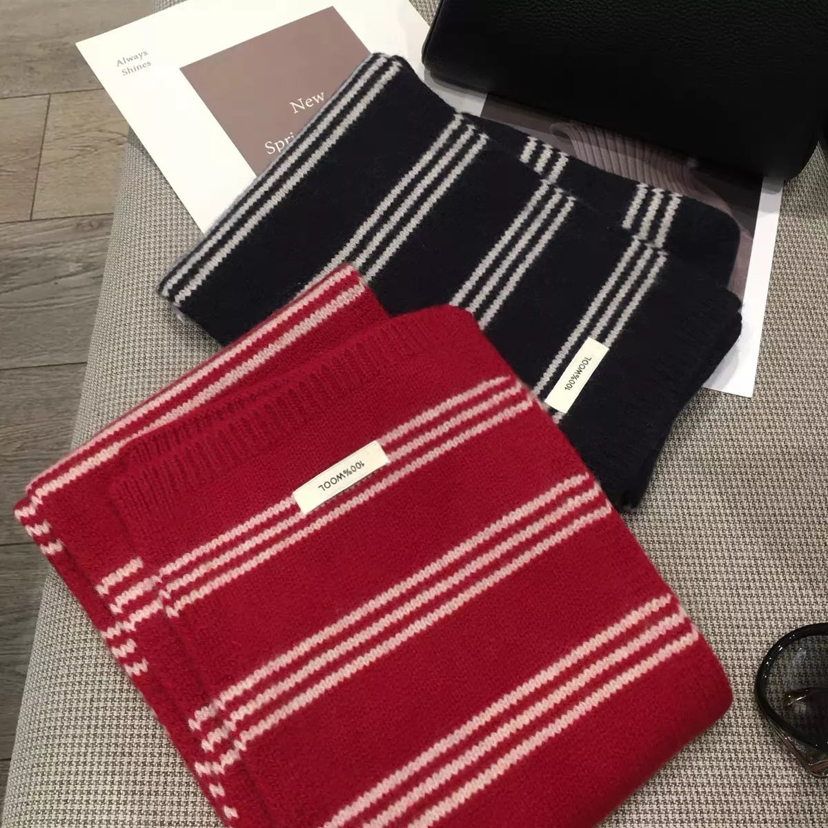 Unisex Wool Striped Contrast Knit Warm Scarf — black and red wool scarves with grouped pale stripes