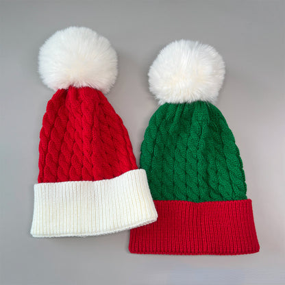 Unisex Christmas Pom Pom Beanie – Red & Green Cable Knit Winter Hat - Christmas Red full product view