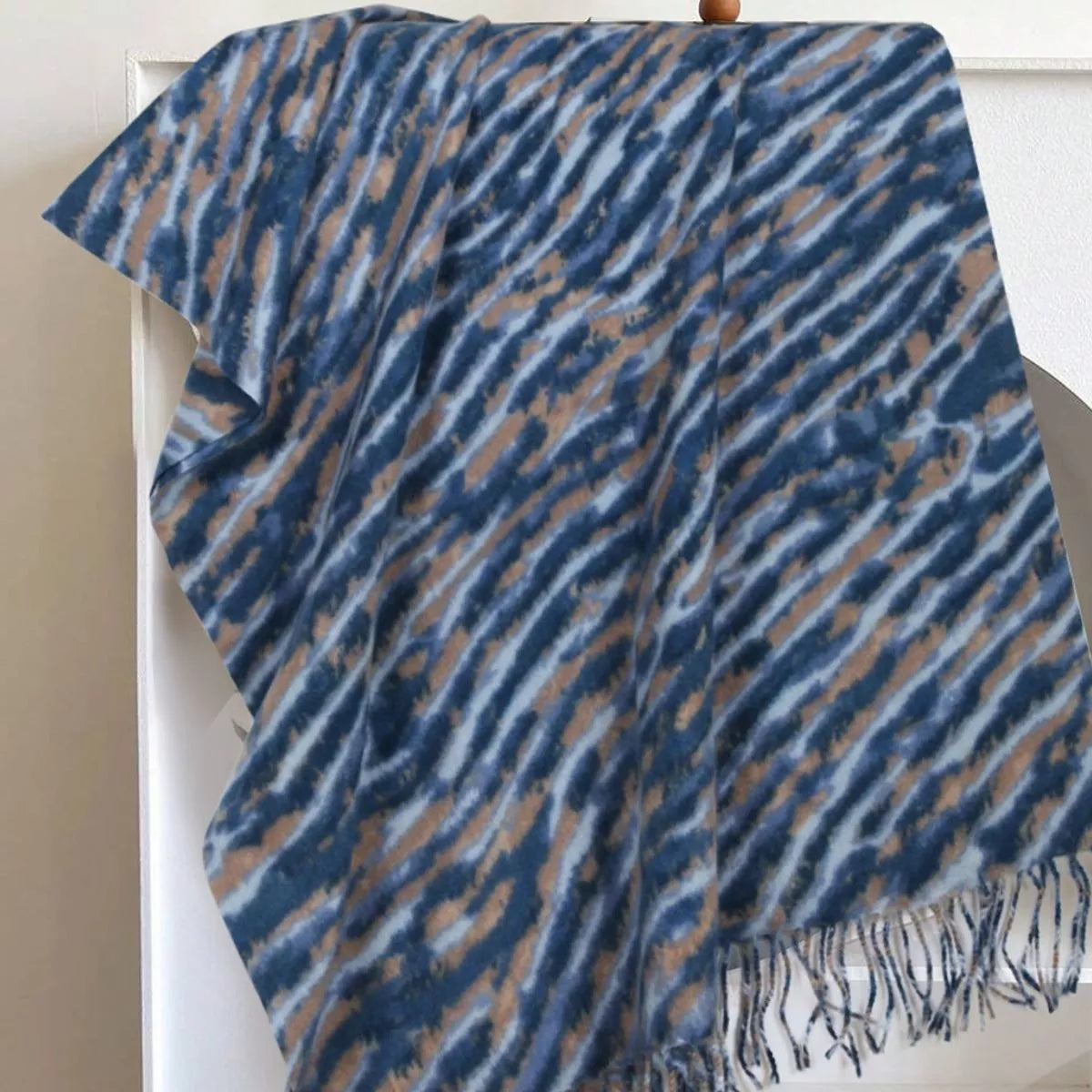 Unisex Fringe Printed Scarf — blue printed scarf displayed to show irregular diagonal marks