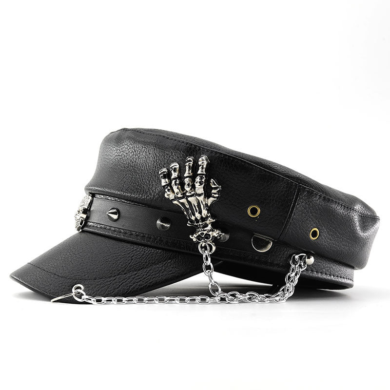 Unisex Black PU Leather Skull Punk Peaked Cap - Black decorative detail