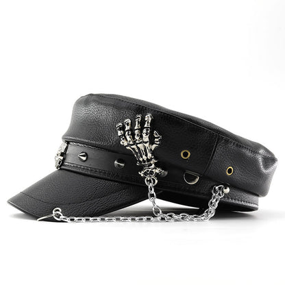 Unisex Black PU Leather Skull Punk Peaked Cap - Black decorative detail