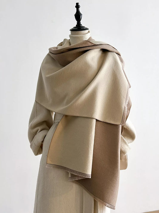 Unisex Two-Tone Raw Hem Scarf in Beige - front view 1