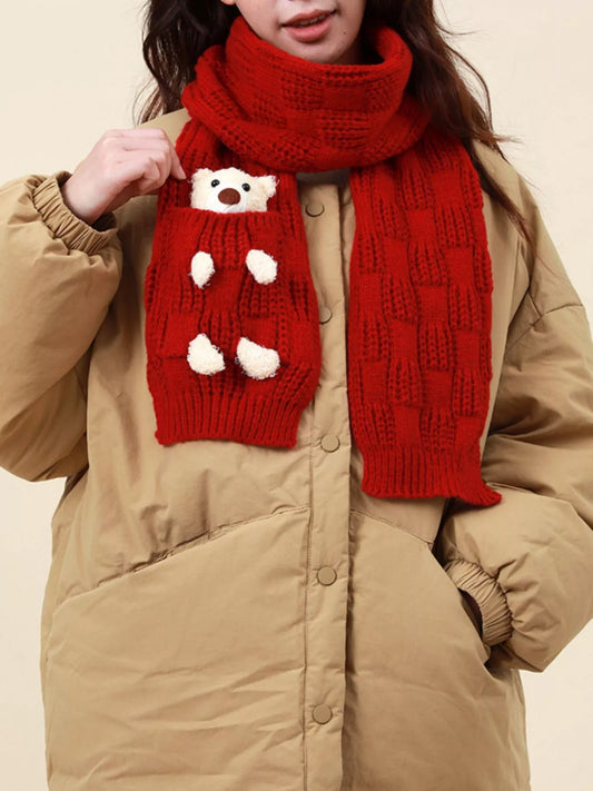 Women's Christmas Cute Bear Pocket Knitted Scarf in Red - styled detail 2