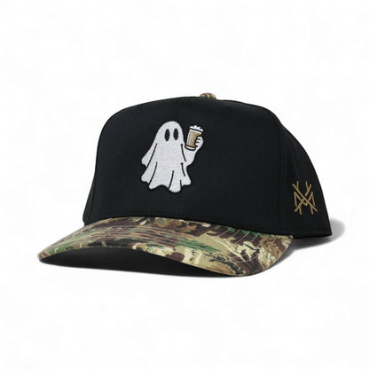 The Mad Hatter Company Boozy Trucker Hat, black crown with a camouflage bill and ghost design