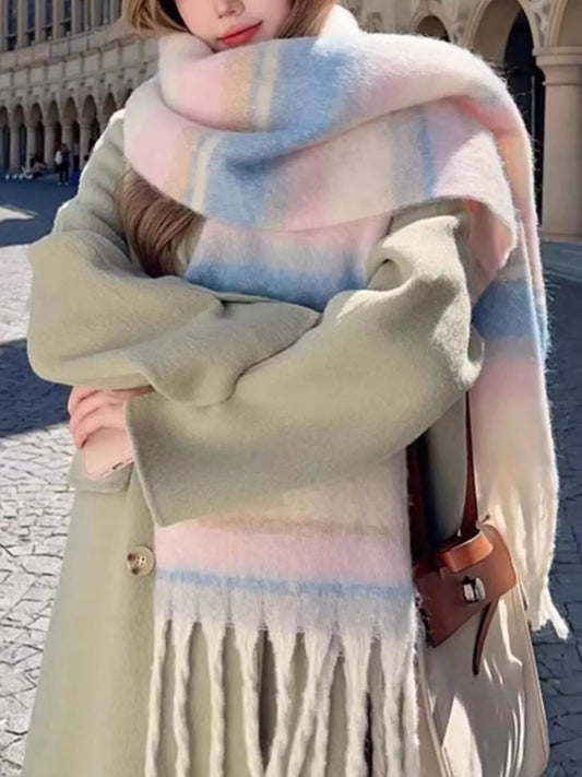 Unisex Striped Fringe Scarf in Dusty Pink - front view 1