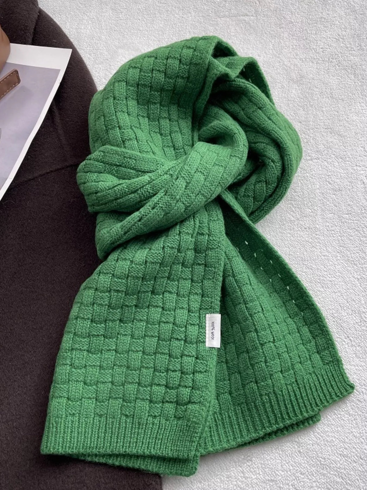 Unisex Wool Woven Pattern Knitted Scarf — green textured scarf tied in a loose knot
