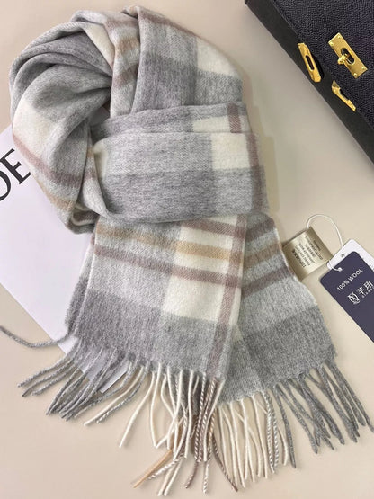 Unisex Plaid Fringe Scarf — light gray plaid scarf knotted with pale fringe
