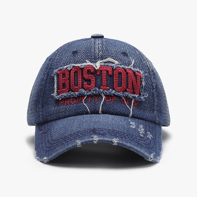 Unisex Cyan Boston Embroidered Distressed Cotton Baseball Cap outfit styling angle