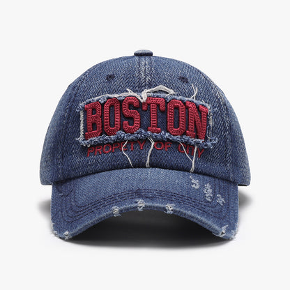 Unisex Cyan Boston Embroidered Distressed Cotton Baseball Cap outfit styling angle