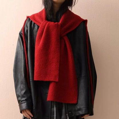 Unisex Hooded Tie Knit Scarf — red scarf sections tied at the front