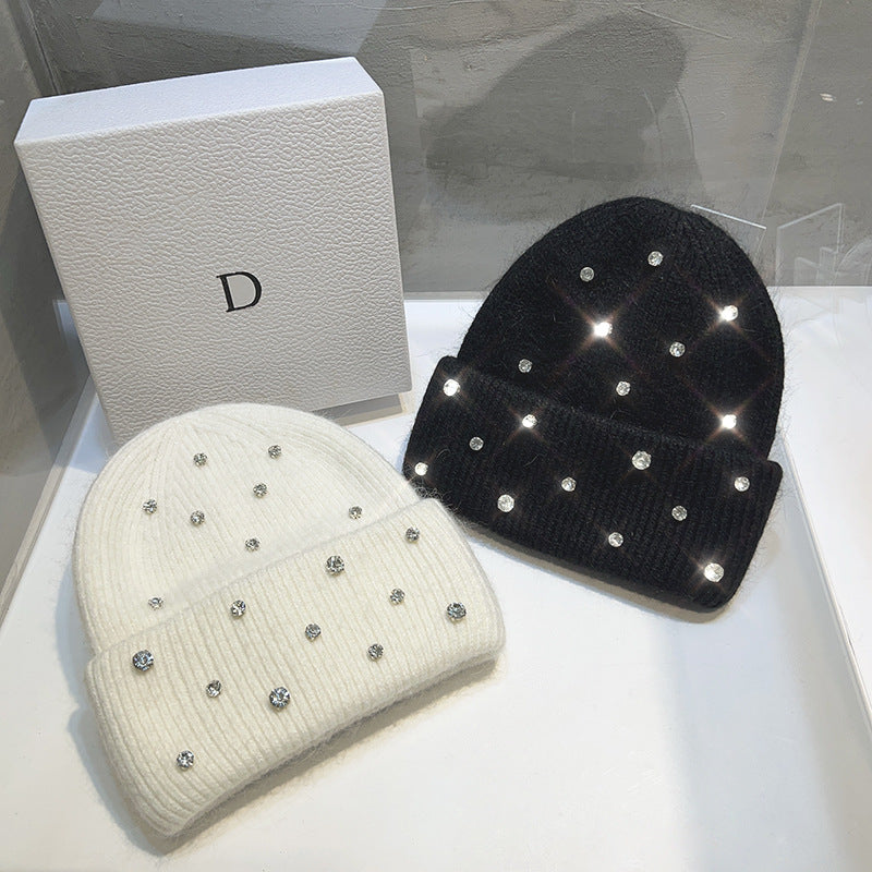 Women's Rhinestone Studded Knit Autumn-Winter Beanie — white and black embellished winter beanies