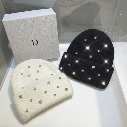Women's Rhinestone Studded Knit Autumn-Winter Beanie — white and black embellished winter beanies