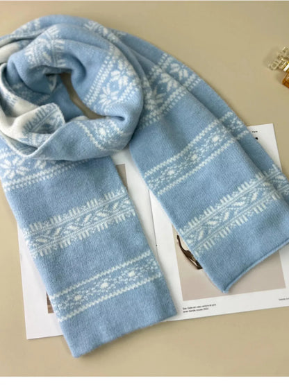 Unisex Winter Snowflake Pattern Knitted Scarf — blue patterned scarf wrapped with one end crossing