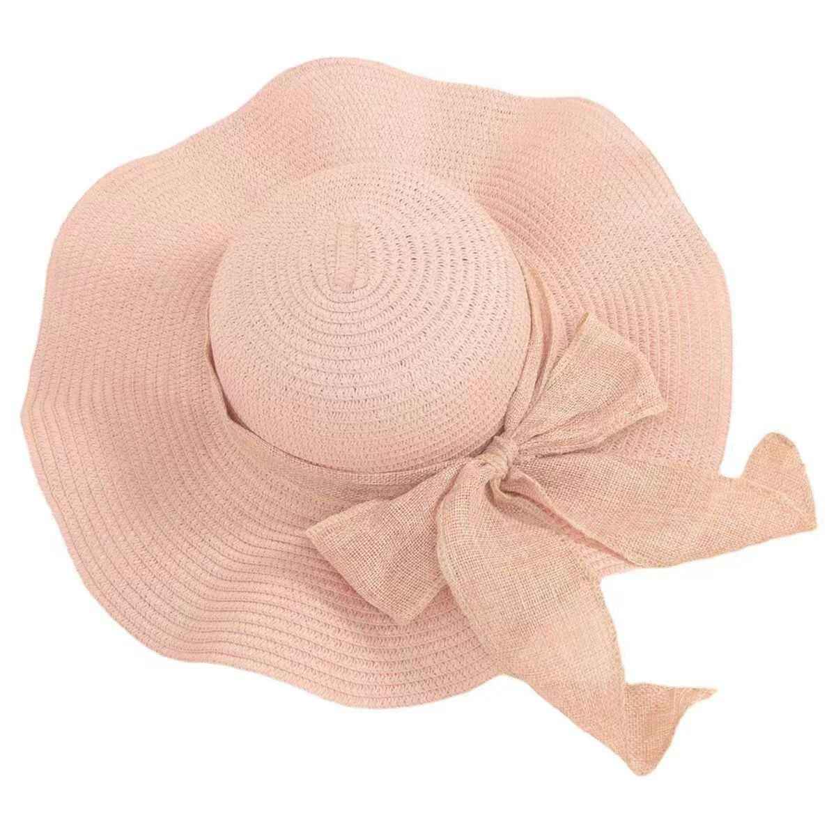 Women's Khaki Linen Ribbon Handwoven Wide Brim Bow Straw Sun Hat side angle