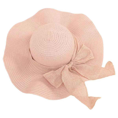 Women's Khaki Linen Ribbon Handwoven Wide Brim Bow Straw Sun Hat side angle