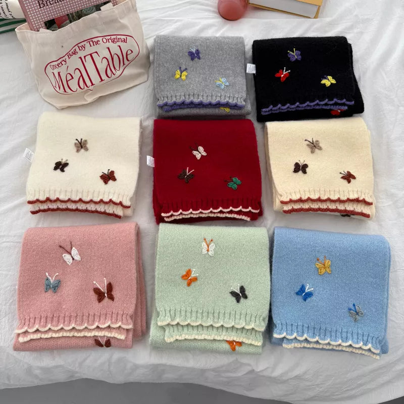 Unisex Butterfly Embroidered Scarf — folded scarves showing small butterflies and contrast edging