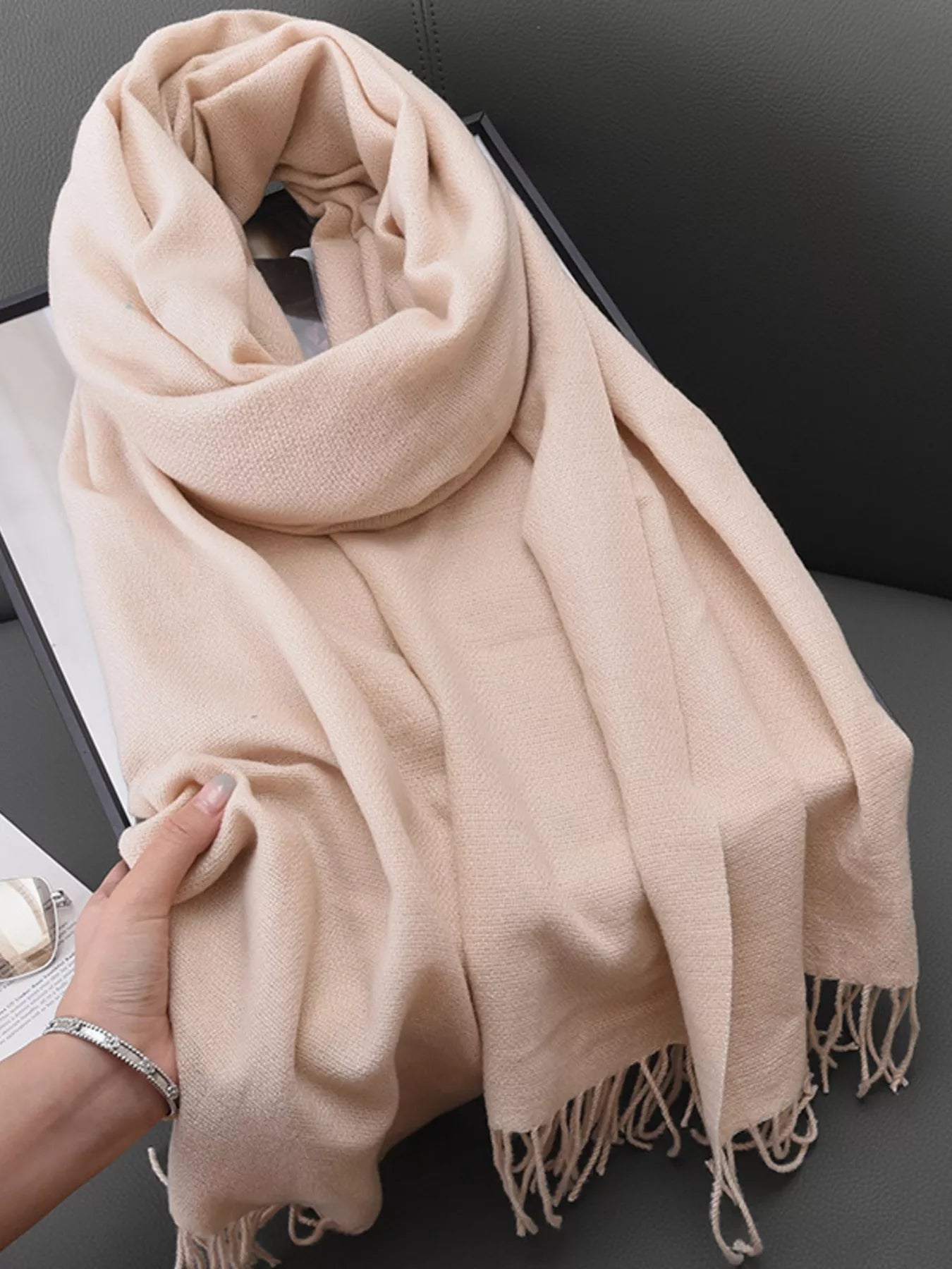 Unisex Heritage Solid Color Fringe Scarf in Pastel Yellow - fabric texture 3