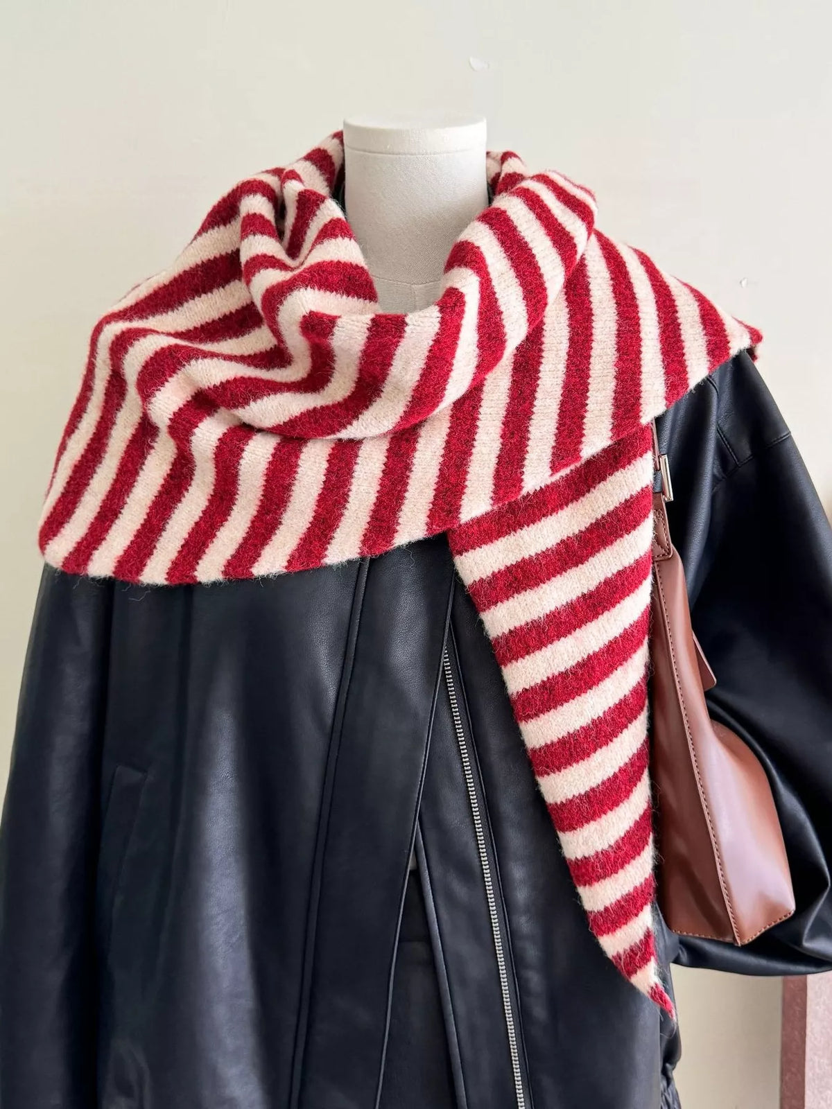 Unisex Striped Knitted Winter Scarf — 70.9-Inch — red and cream stripe scarf draped around a black jacket