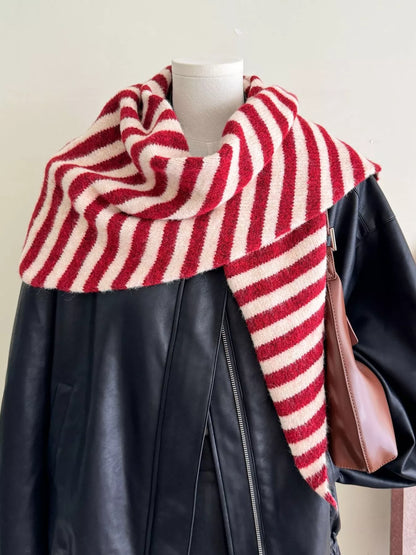 Unisex Striped Knitted Winter Scarf — 70.9-Inch — red and cream stripe scarf draped around a black jacket