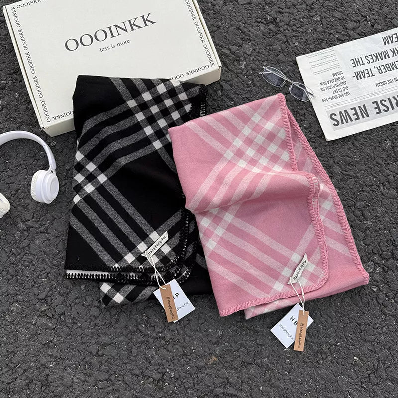 Unisex Classic Windowpane Scarf — three plaid color options arranged on a dark surface
