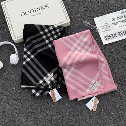 Unisex Classic Windowpane Scarf — three plaid color options arranged on a dark surface