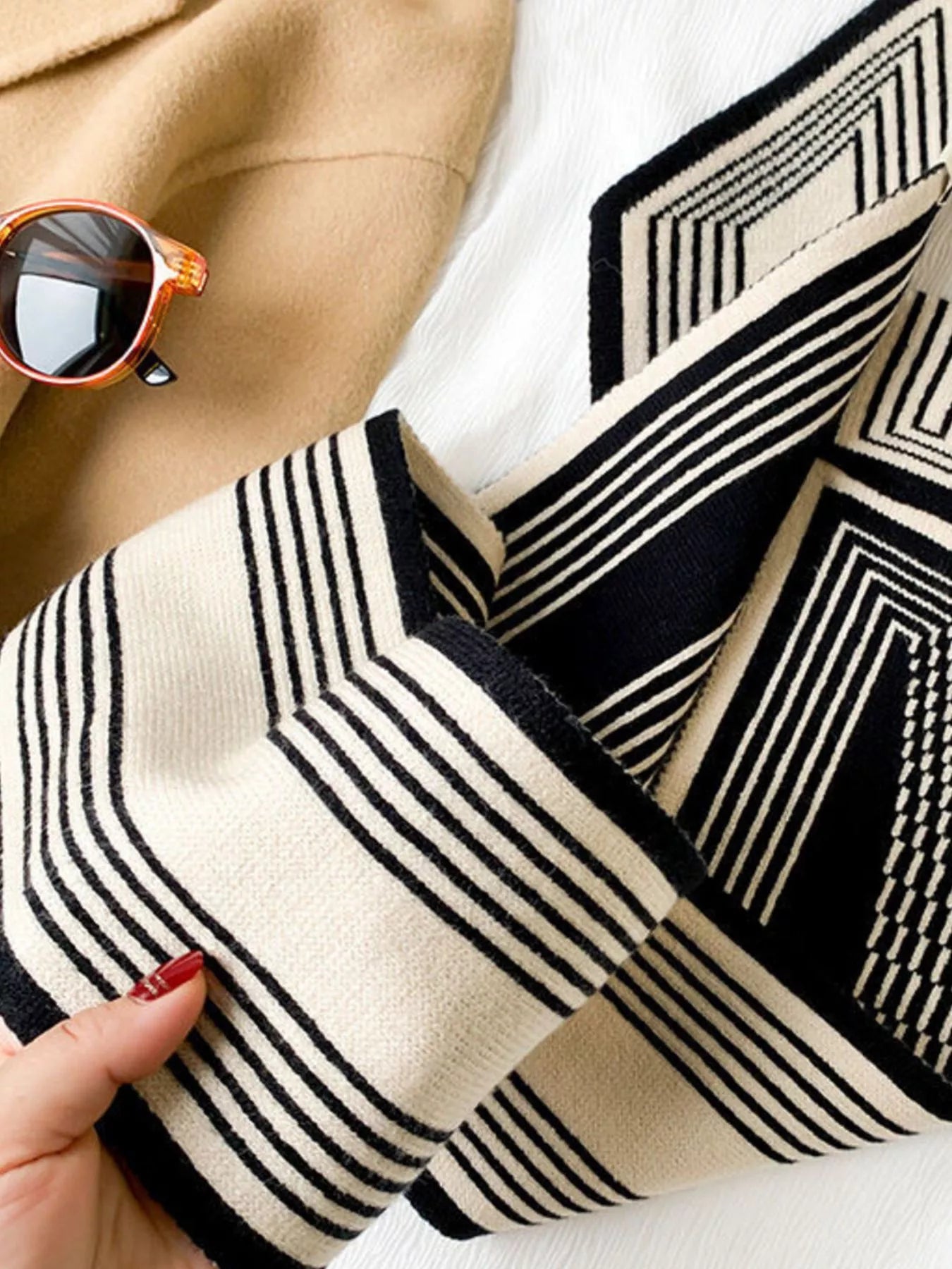 Unisex Striped Knitted Winter Scarf in Black - styled detail 2