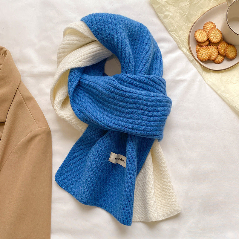 Unisex Two-Tone Ribbed Knit Winter Scarf — blue and cream scarf with contrasting ends