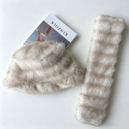 Beige plush hat and matching long segmented scarf arranged together
