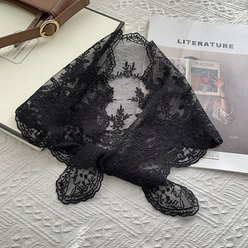 Women's Cotton Lace Neck Scarf — black sheer lace scarf loosely tied