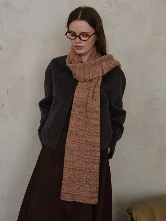 Unisex Striped Detail Knit Scarf in Chocolate - styled detail 2