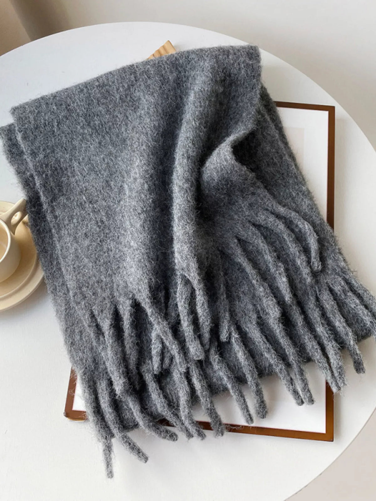 Unisex Extra Long Fringe Scarf — dark gray scarf showing a generous fringed edge