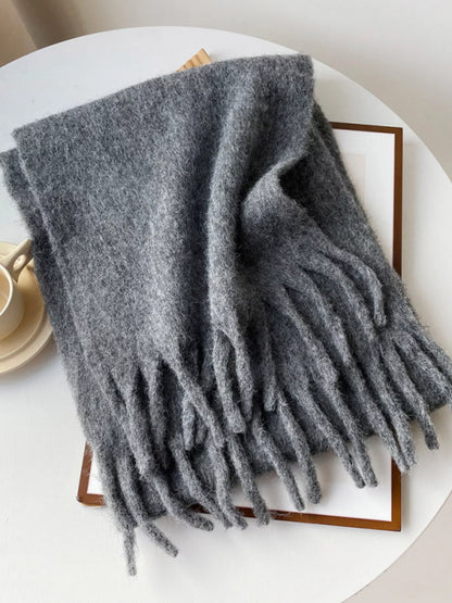 Unisex Extra Long Fringe Scarf — dark gray scarf showing a generous fringed edge