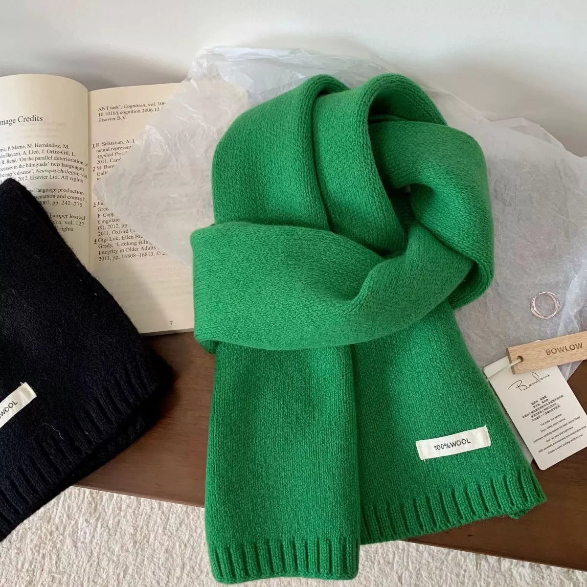 Unisex Warm Knitted Scarf — green wool scarf arranged in a loose loop
