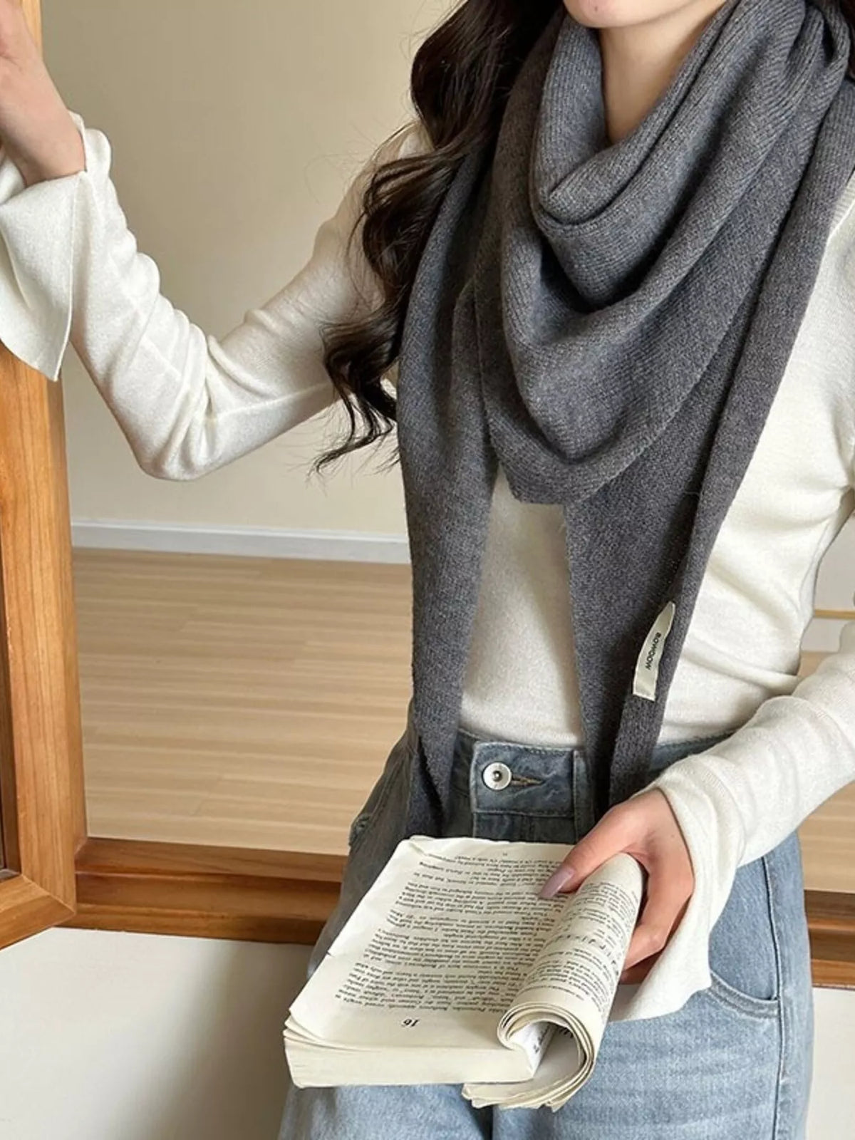 Women's Neutral Wool Shoulder Wrap — gray shoulder wrap gathered at the neckline