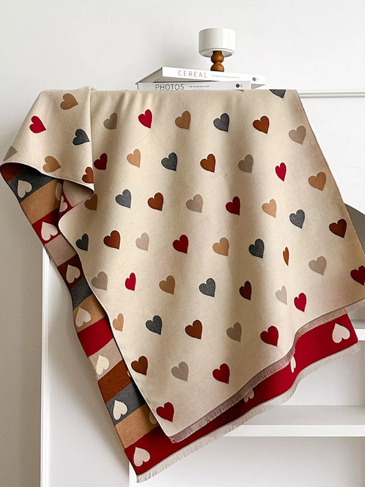Women's Heart Pattern Warm Scarf in Gray - styled detail 2