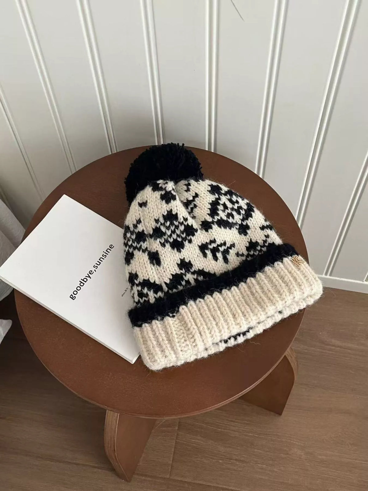 Unisex Beige Snowflake Pom-Pom Knit Beanie Hat winter styling view photo 05