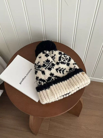 Unisex Beige Snowflake Pom-Pom Knit Beanie Hat winter styling view photo 05