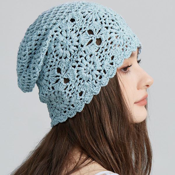 Women's Blue Crochet Floral Beanie Hat front view photo 01