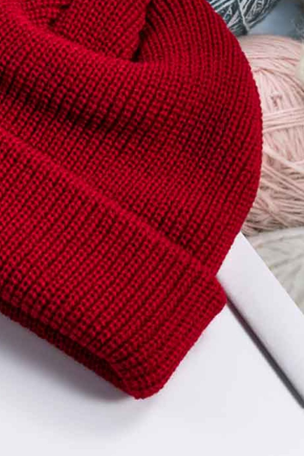 Folded acrylic cuff beanie side profile view