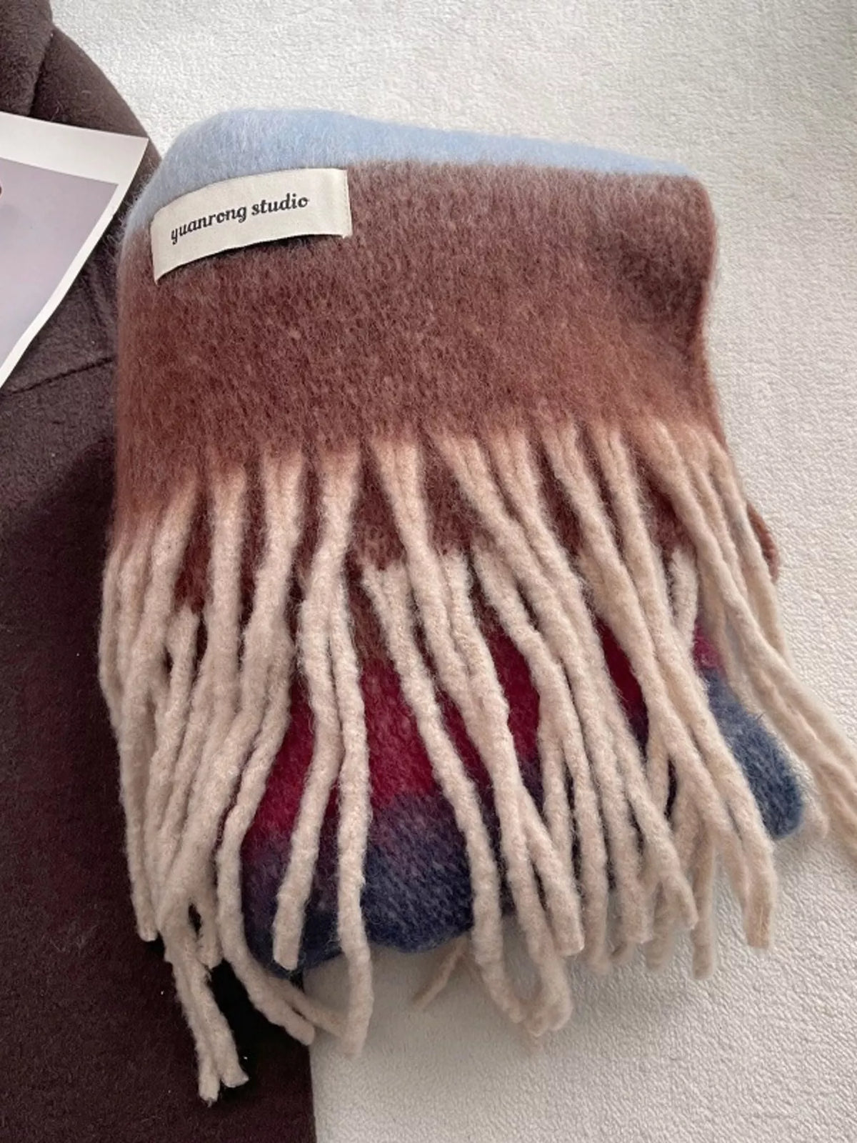 Unisex Soft Plaid Tassel Warm Scarf — brown plaid scarf with pale tassels laid flat
